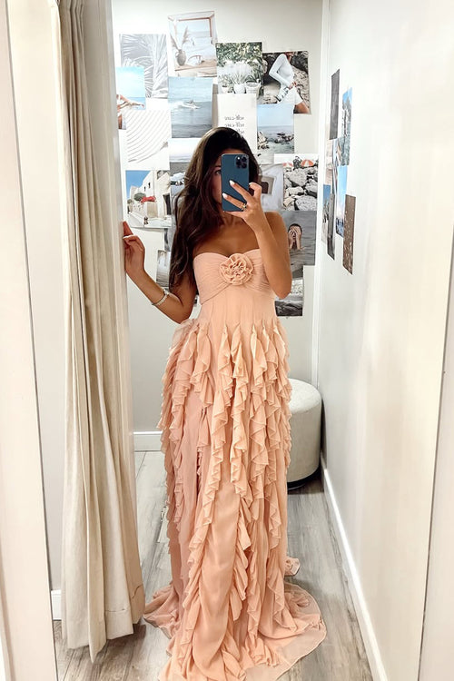 A Line Strapless Blush Ruffled Chiffon Prom Dress JP070805