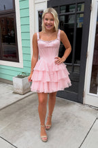 A Line Light Pink Satin Short Homecoming Dresses with Beading JP071504