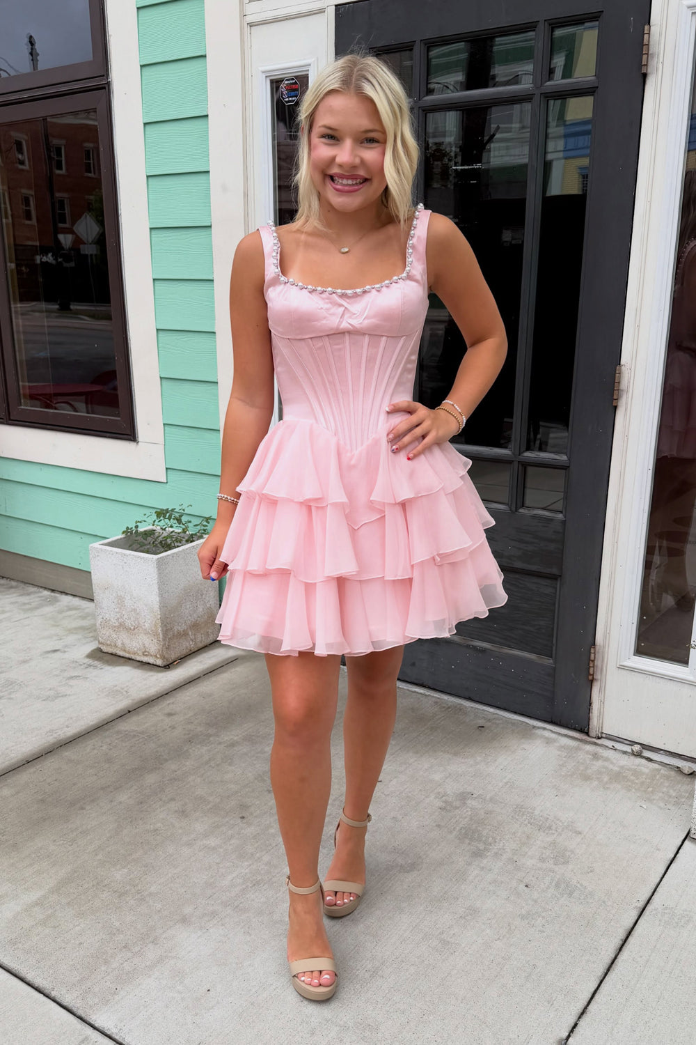 A Line Light Pink Satin Short Homecoming Dresses with Beading JP071504