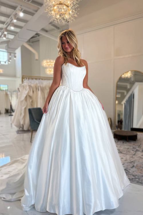 A Line Scoop Neck Pleat Satin Wedding Dresses JP26070880