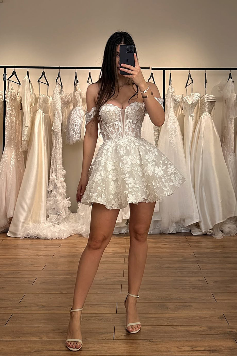 A Line Off the Shoulder Sweetheart Lace Short Wedding Dresses JP070917