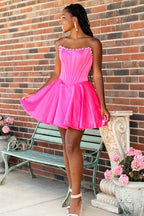 A Line Scoop Neck Hot Pink Satin Short Homecoming Dresses with Appliques JP072210