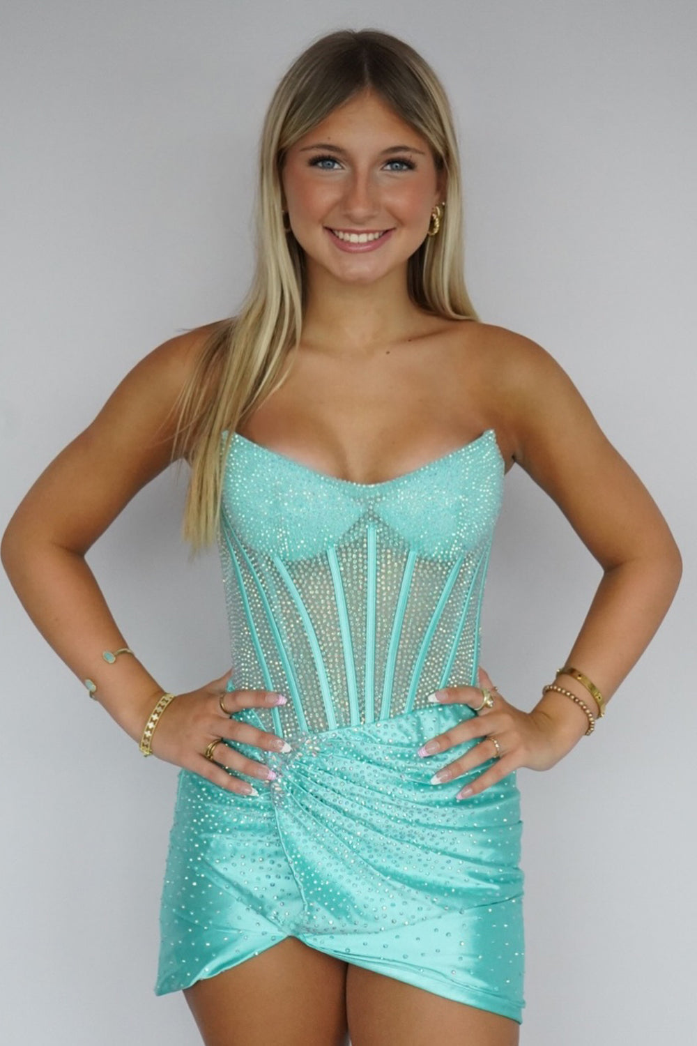 Sparkly Scoop Neck Mint Hot Fix Satin Homecoming Dress with Slit JP26072015
