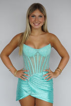 Sparkly Scoop Neck Mint Hot Fix Satin Homecoming Dress with Slit JP26072015