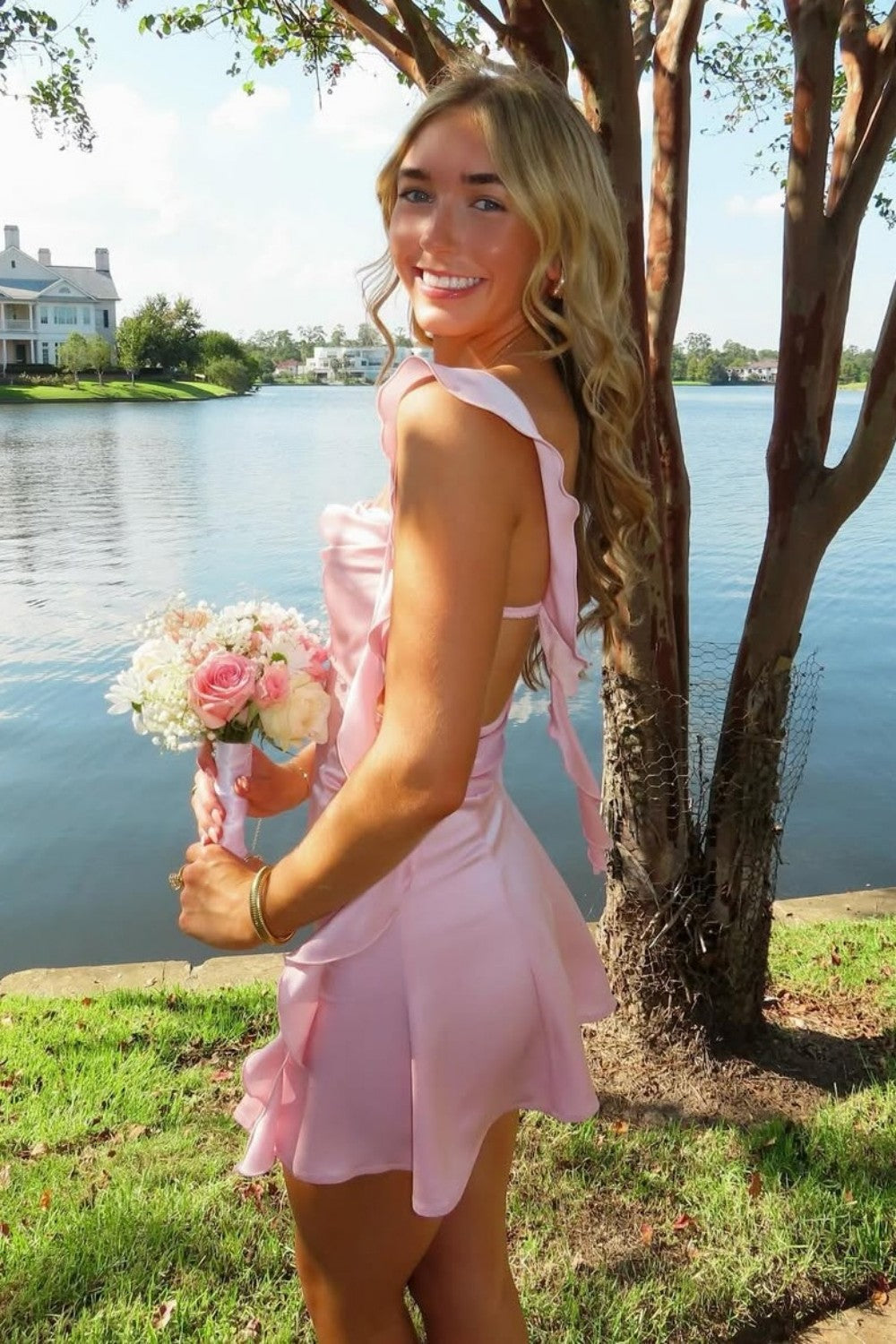 Blush Pink Ruffle Strap Mini Homecoming Dress with Side Cutouts JP25092904