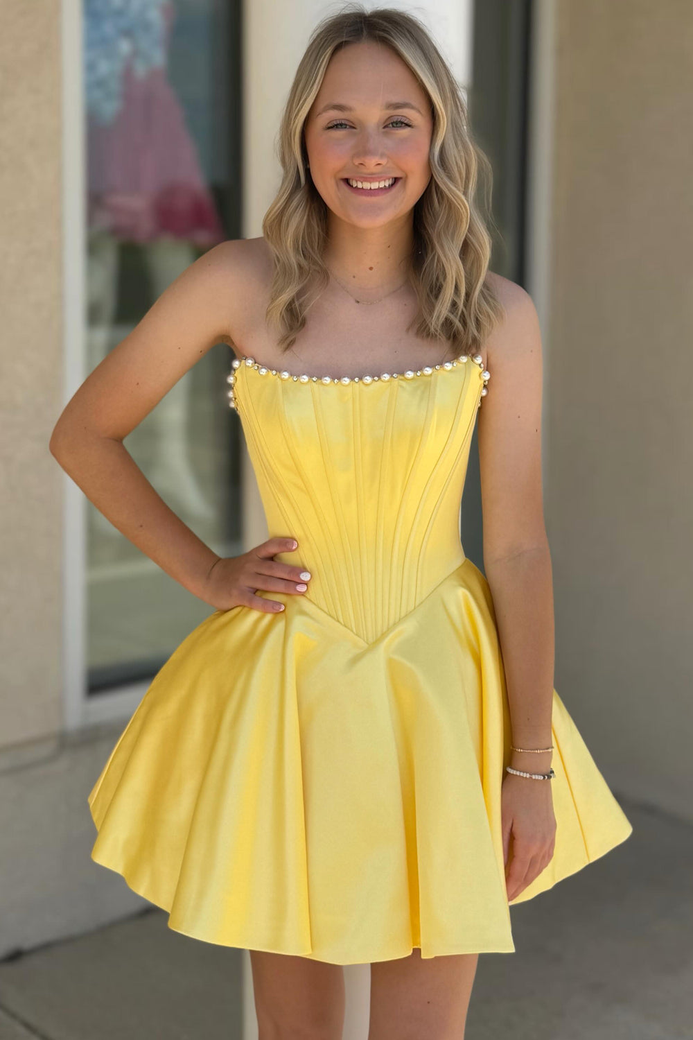 A Line Strapless Yellow Satin Homecoming Dresses with Beading JP071910