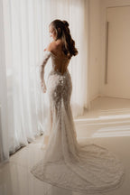 Lace Mermaid Off the Shoulder Lace Wedding Dresses with Long Sleeves JP070930