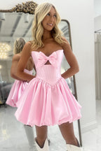 A Line Strapless Pink Satin Short Homecoming Dress with Bow JP073106