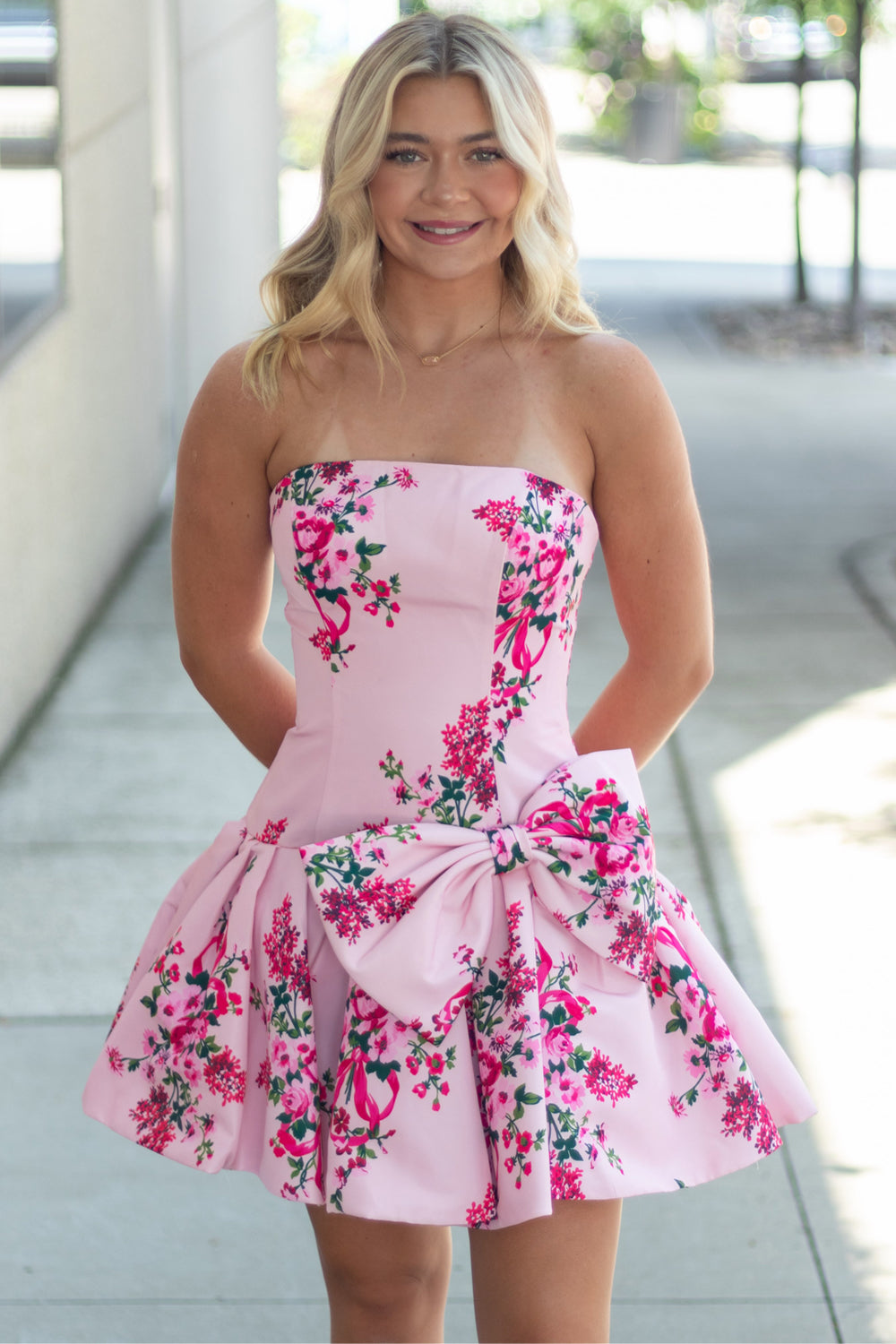 A Line Strapless Pink Floral Satin Short Homecoming Dresses JP071715