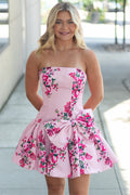 A Line Strapless Pink Floral Satin Short Homecoming Dresses JP071715