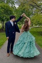 A Line Sweetheart Green Floral Long Prom Dress JP070848