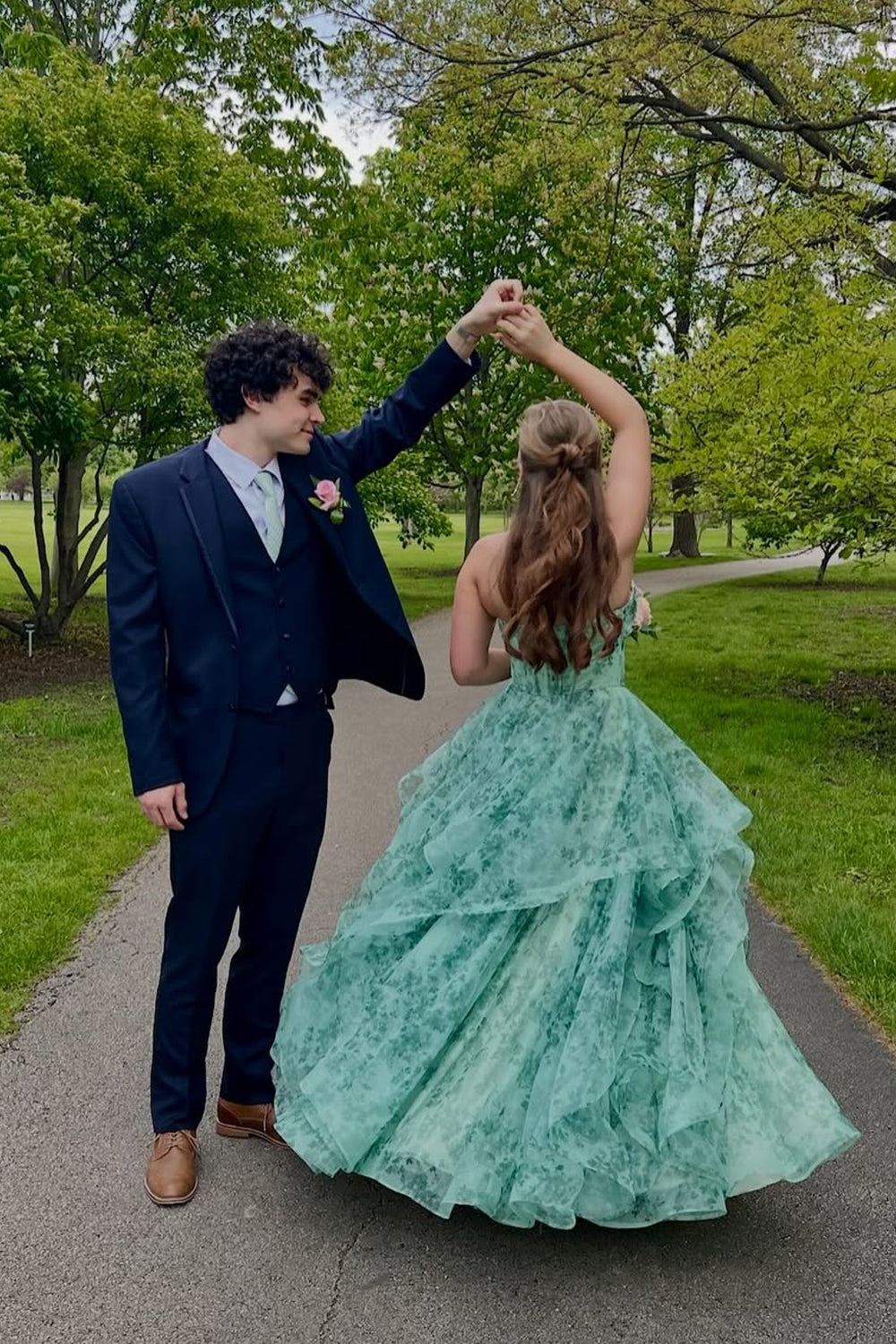 A Line Sweetheart Green Floral Long Prom Dress JP070848