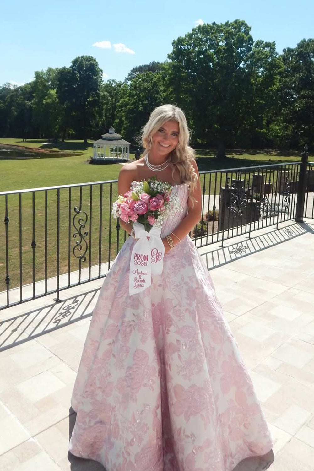 A Line Scoop Neck Pink Jacquard Satin Prom Dress with Beading JP070873