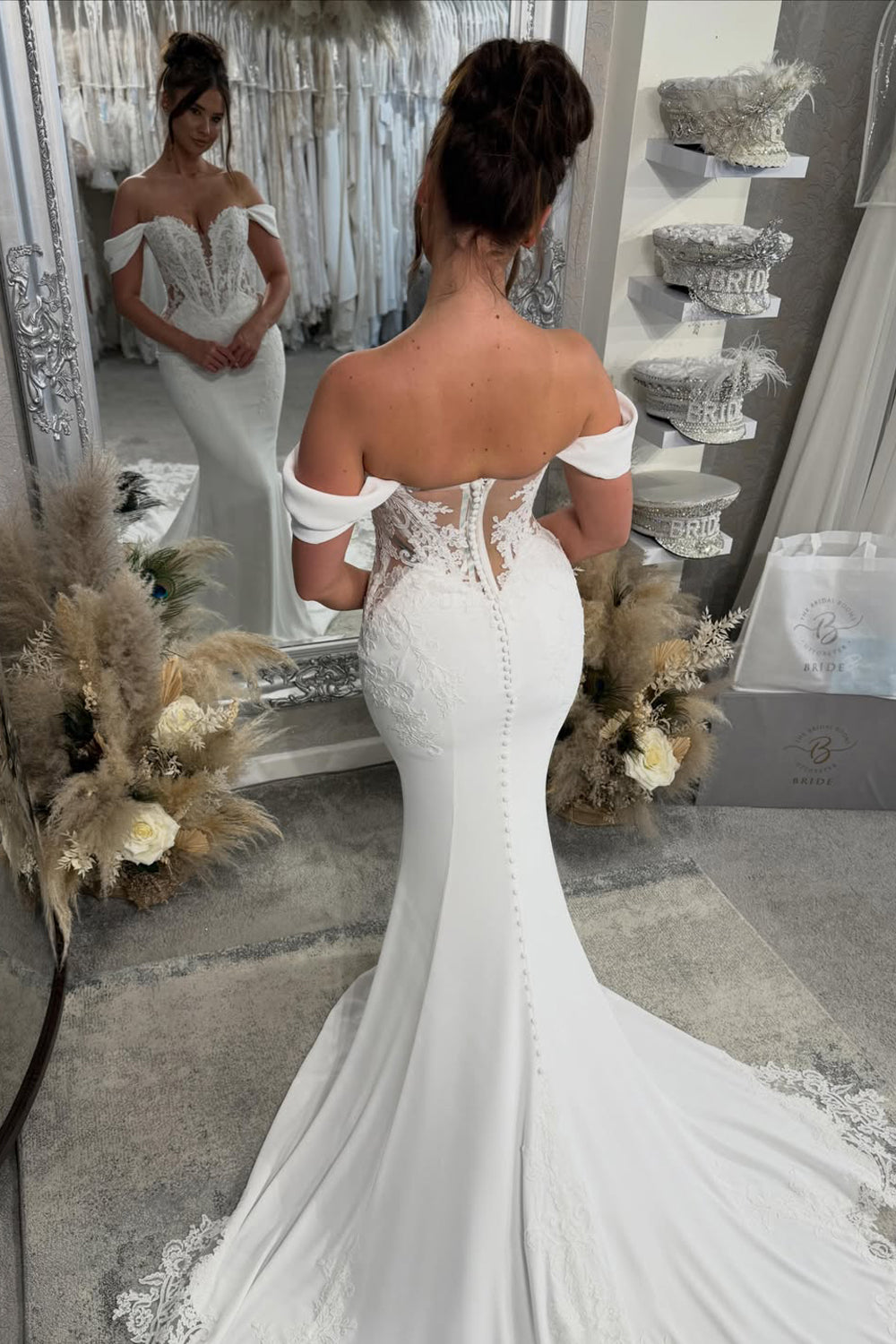 Mermaid Off the Shoulder Stretch Satin Wedding Dresses with Lace JP070888