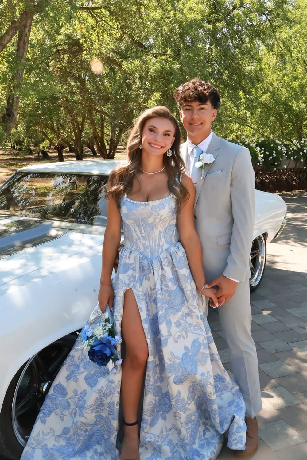 A Line Square Neck Light Blue Jacquard Satin Prom Dress with Beading JP070833
