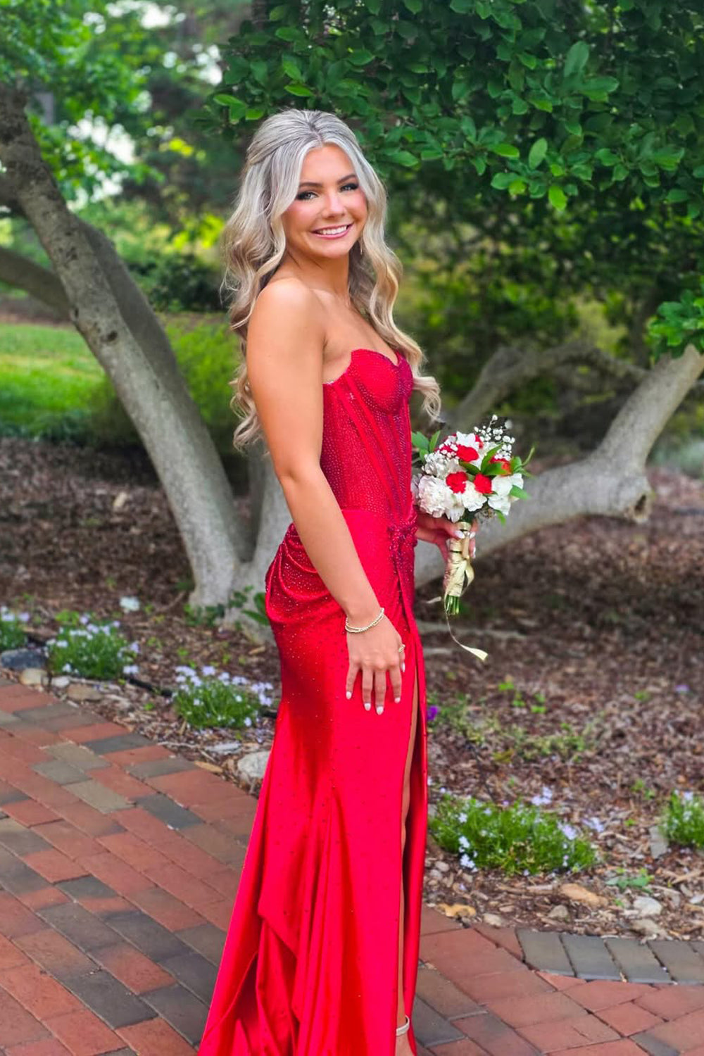Sparkly Mermaid Strapless Red Hot Fix Satin Prom Dress JP070873