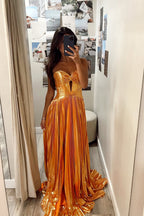 A Line Sweetheart Orange Metail Pleat Satin Prom Dress JP070805