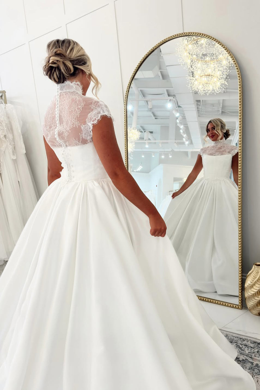 A Line High Neck Satin Long Wedding Dresses JP070932