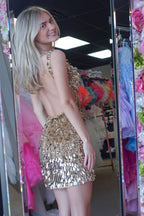 Gold Sequins V Neck Short Homecoming Dresses with Beading JP062209