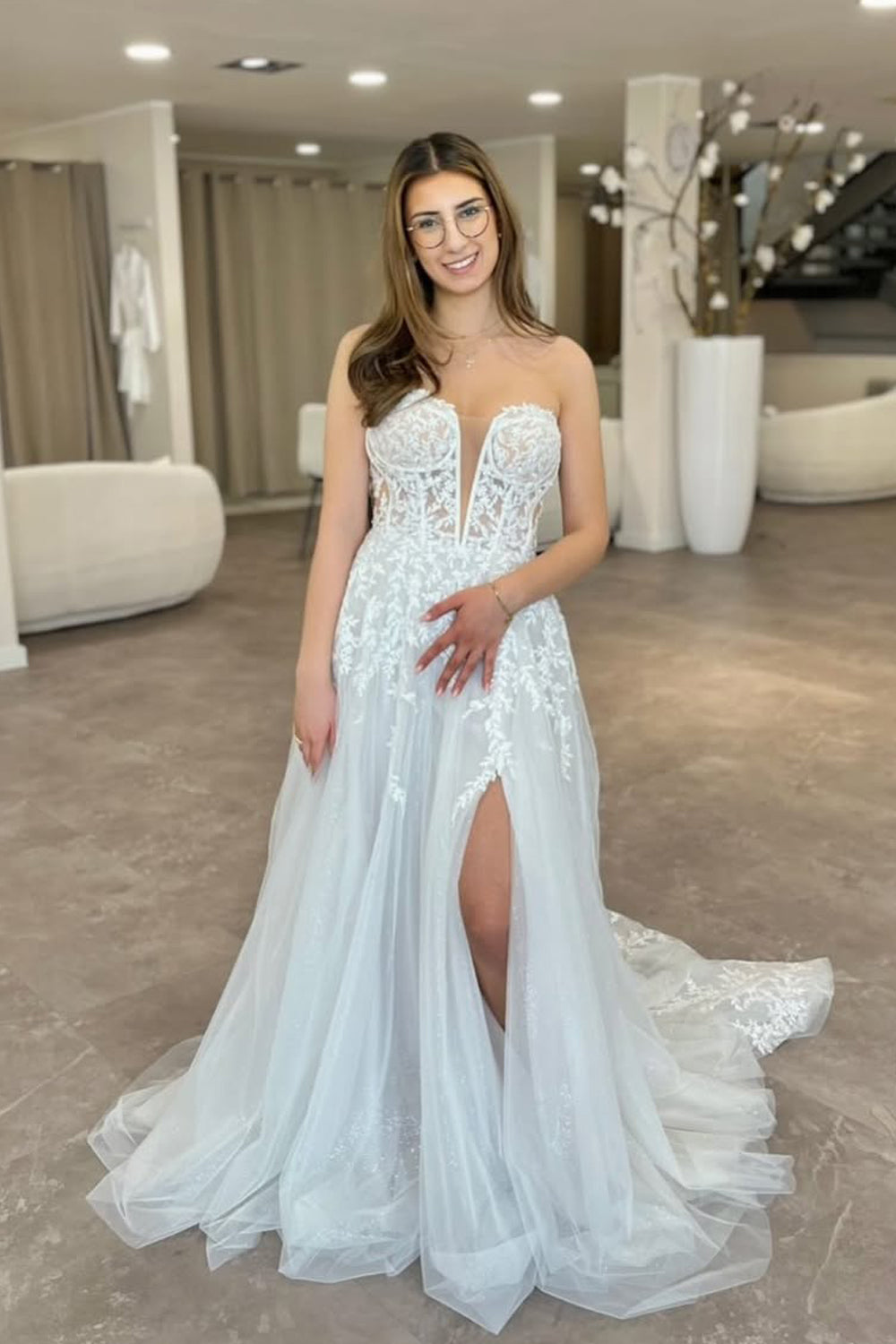 A Line Sweetheart Tulle Long Wedding Dresses with Slit JP070913