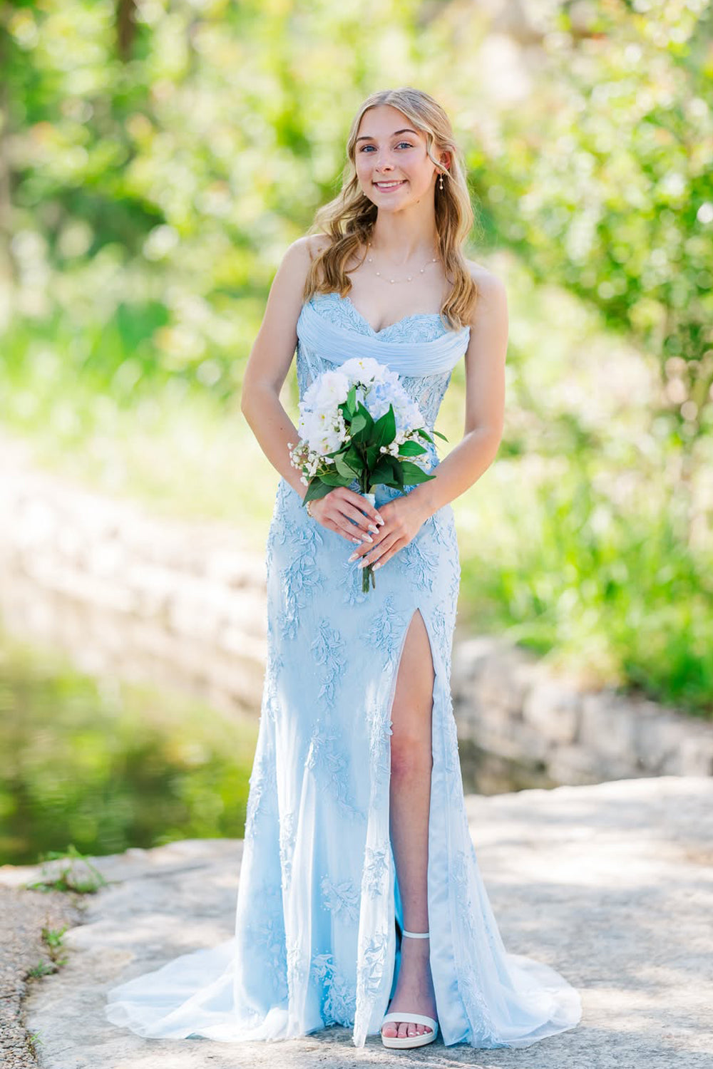 Mermaid Sweetheart Light Blue Lace Prom Dress with Slit JP070828