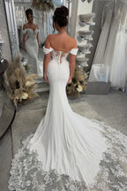 Mermaid Off the Shoulder Stretch Satin Wedding Dresses with Lace JP070888
