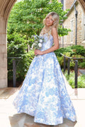 A Line Sweetheart Light Blue Jacquard Satin Long Prom Foraml Dress JP070846