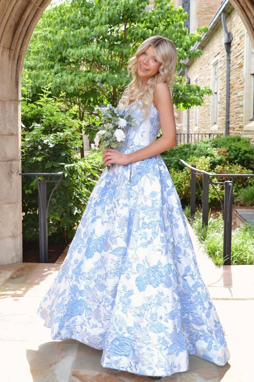 A Line Sweetheart Light Blue Jacquard Satin Long Prom Foraml Dress JP070846
