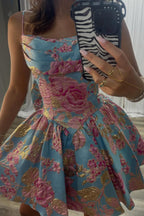 A Line Scoop Neck Jacquard Satin Short Homecoming Dresses JP070633