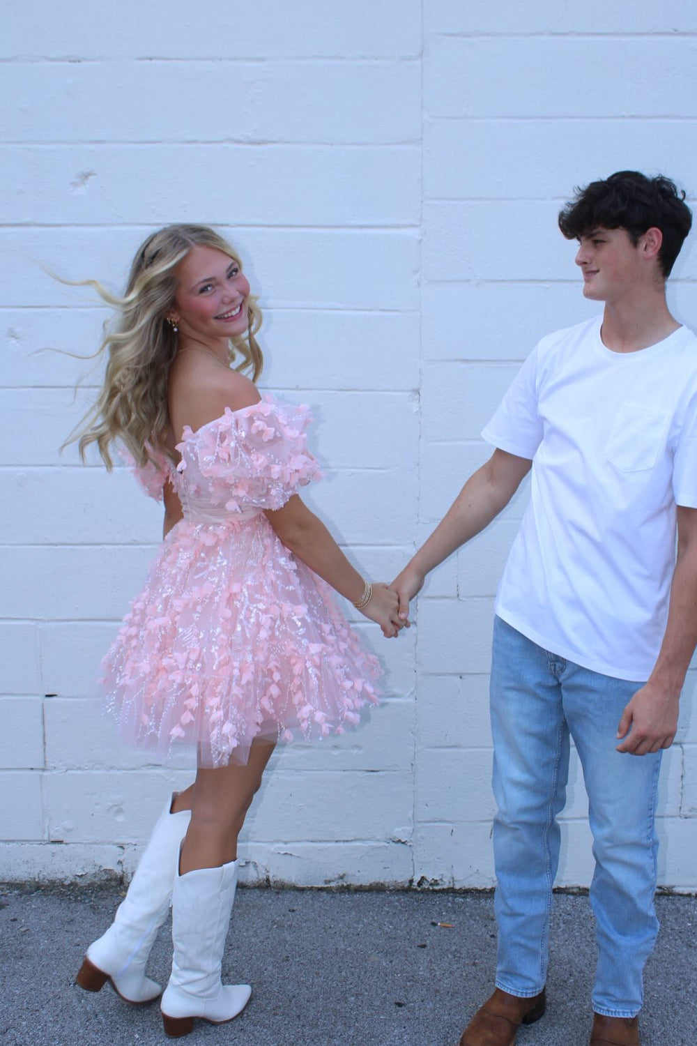 A Line Sweetheart Off the Shoulder Pink 3D Lace Homecoming Dress JP082503