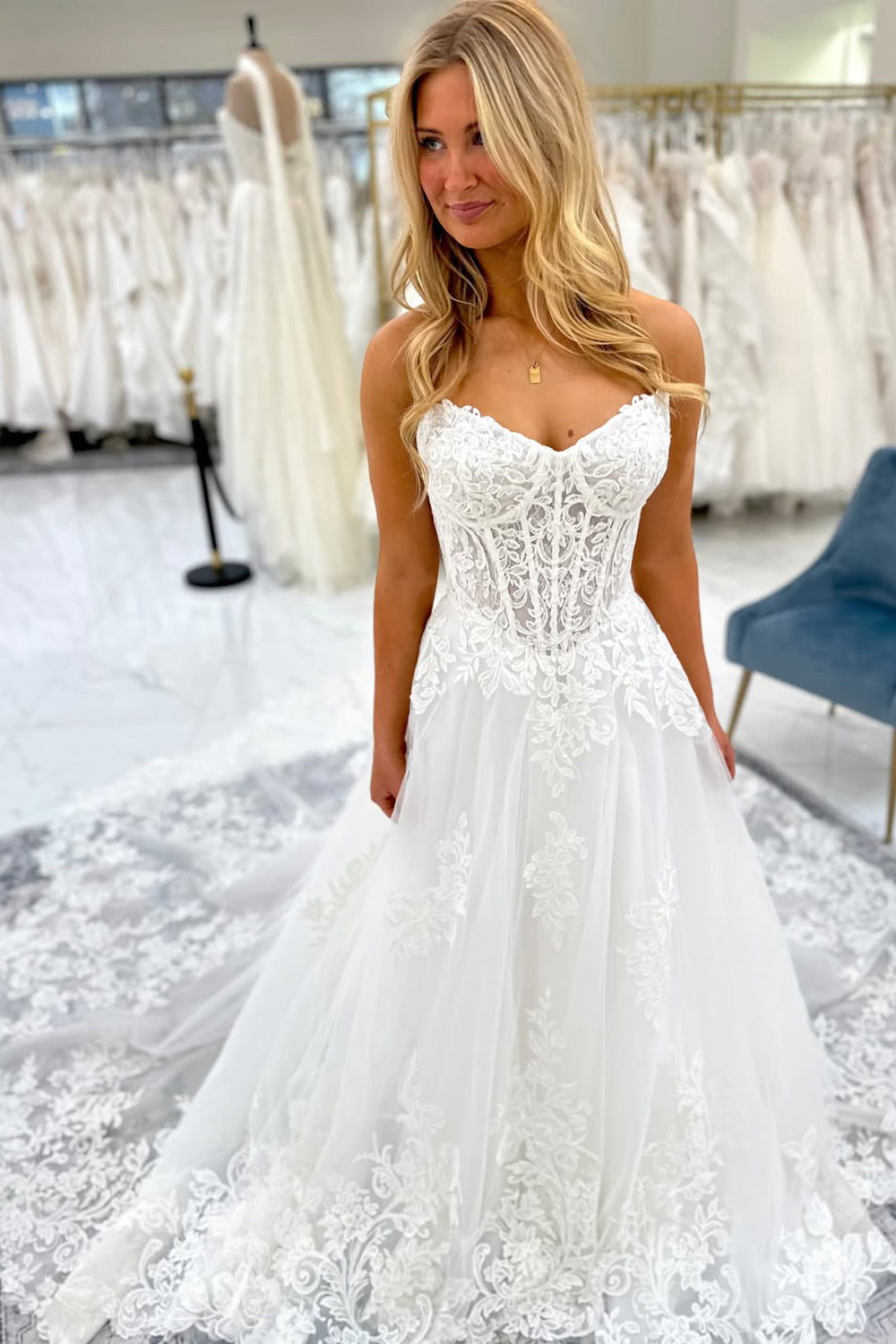 Boho A Line V Neck Tulle Wedding Dresses with Appliques JP26070883