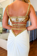 Mermaid Straps White Satin Long Prom Dress with Beading JP070706