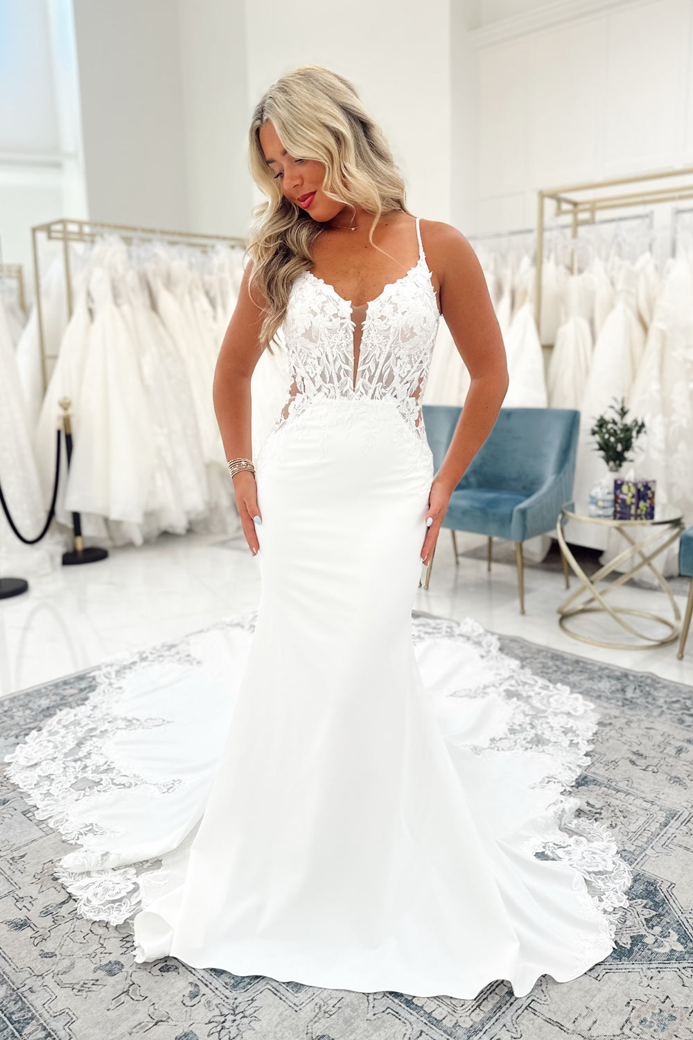 Elegant Mermaid V Neck Stretch Satin Long Wedding Dresses with Appliques JP071620
