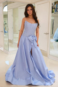 A Line Scoop Neck Dark Blue Satin Prom Dress with Pearls JP070819