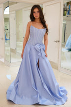 A Line Scoop Neck Dark Blue Satin Prom Dress with Pearls JP070819