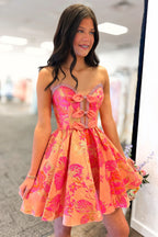 A Line Sweetheart Coral Jacquard Satin Short Homecoming Dresses with Beading JP071901