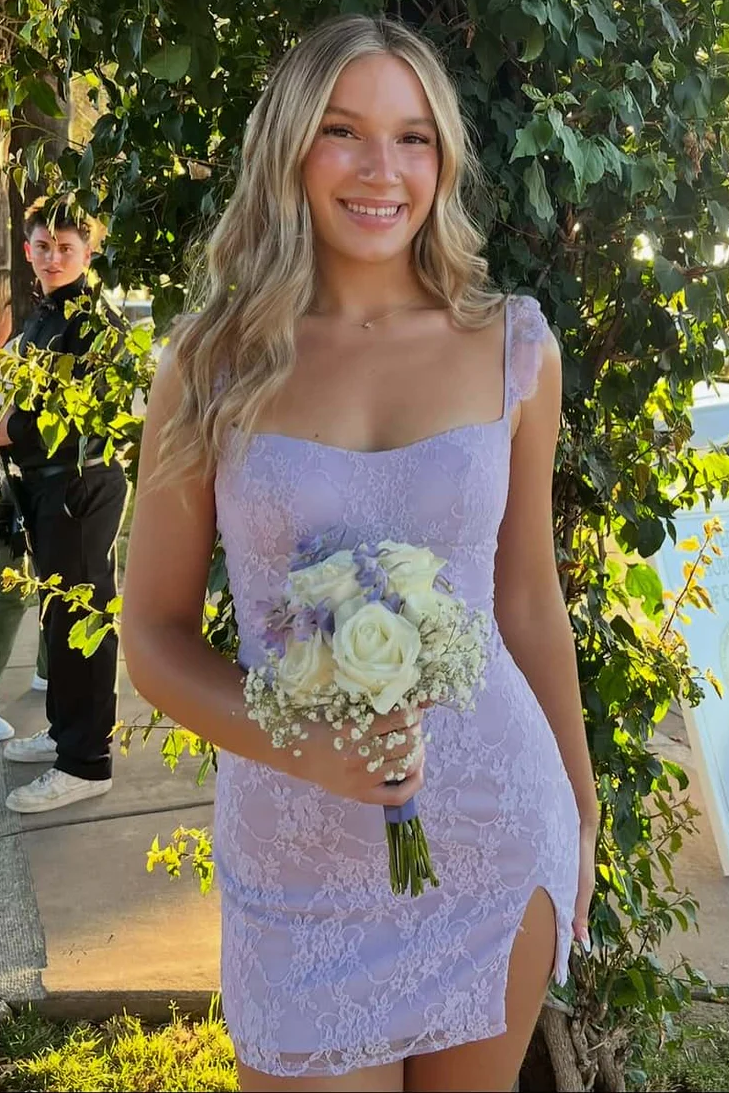 Lilac Double Straps Appliques Bodycon Short Homecoming Dress with Slit