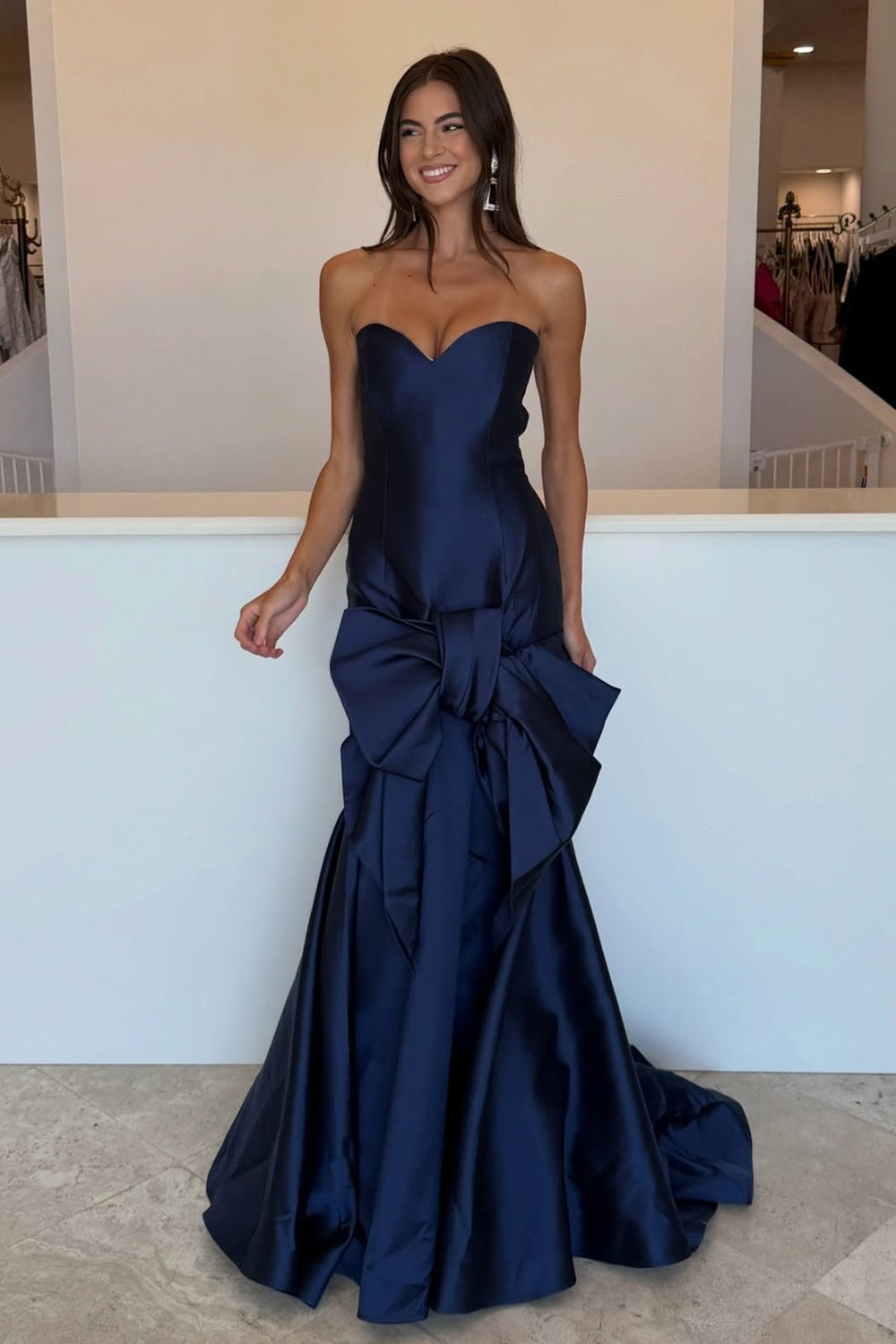 Mermaid Sweetheart Navy Satin Long Prom Dress with Bow JP071915