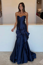 Mermaid Sweetheart Navy Satin Long Prom Dress with Bow JP071915