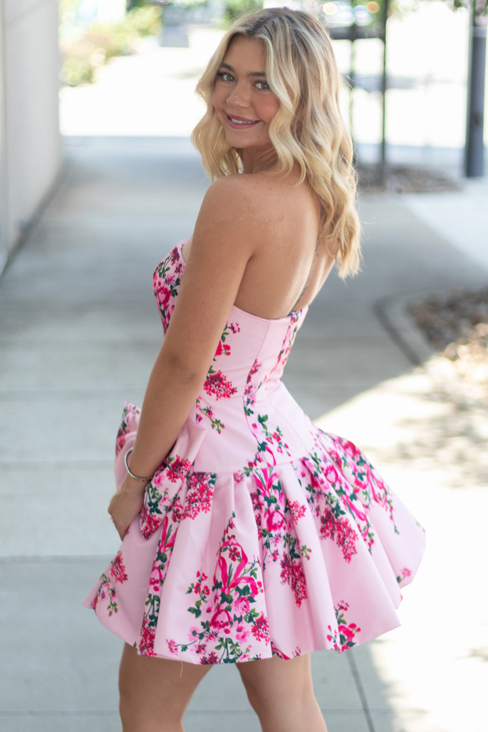 A Line Strapless Pink Floral Satin Short Homecoming Dresses JP071715