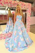 A Line Strapless Floral Satin Long Prom Dress JP070809