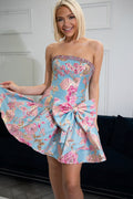 Strapless Jacquard Satin Short Homecoming Dress with Bow JP070604