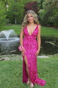 Fuchsia Sequins V Neck Long Prom Dress with Beading JP070837
