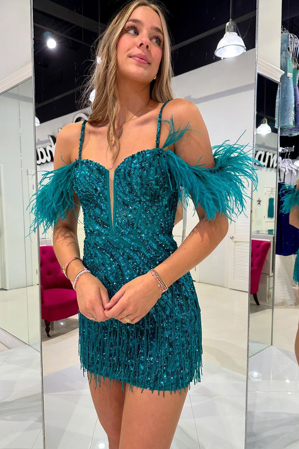 Bodycon Cold Shoulder Peacock Blue Sequins Homecoming Dresses JP24081104