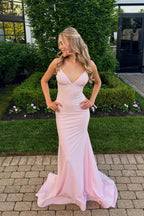 Sparkly Mermaid V Neck Light Pink Hot Fix Satin Prom Dress JP070827