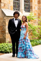 Sheath Strapless Blue Floral Chiffon Tiered Long Prom Dress JP070831