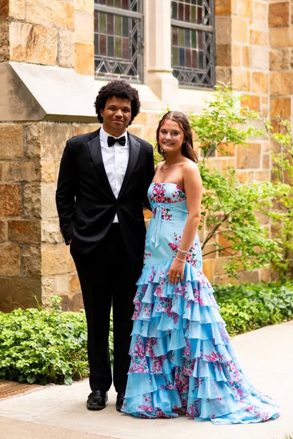 Sheath Strapless Blue Floral Chiffon Tiered Long Prom Dress JP070831