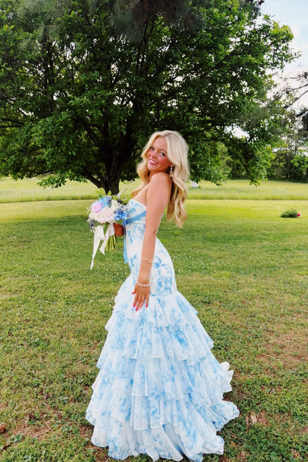 Fairy Mermaid Strapless White Blue Floral Prom Dress JP070852