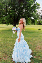 Fairy Mermaid Strapless White Blue Floral Prom Dress JP070852