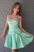 Sweet A Line Strapless Green Satin Homecoming Dresses with Beading JP070620